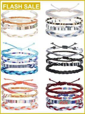 24 Pcs Boho Surfer Bracelet Anklet Set Adjustable Cord Wrap Rope String